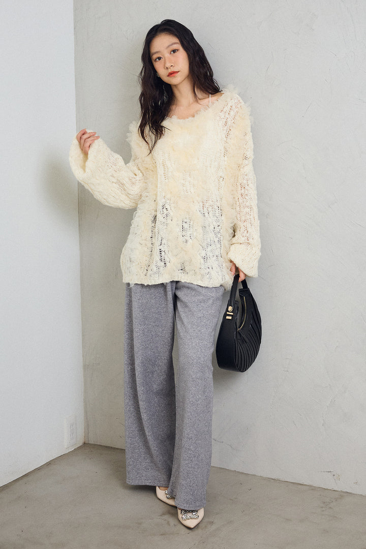 [予約/SET]透かし編みホイップチュールニット+ウォームタッチイージーパンツ(2set)