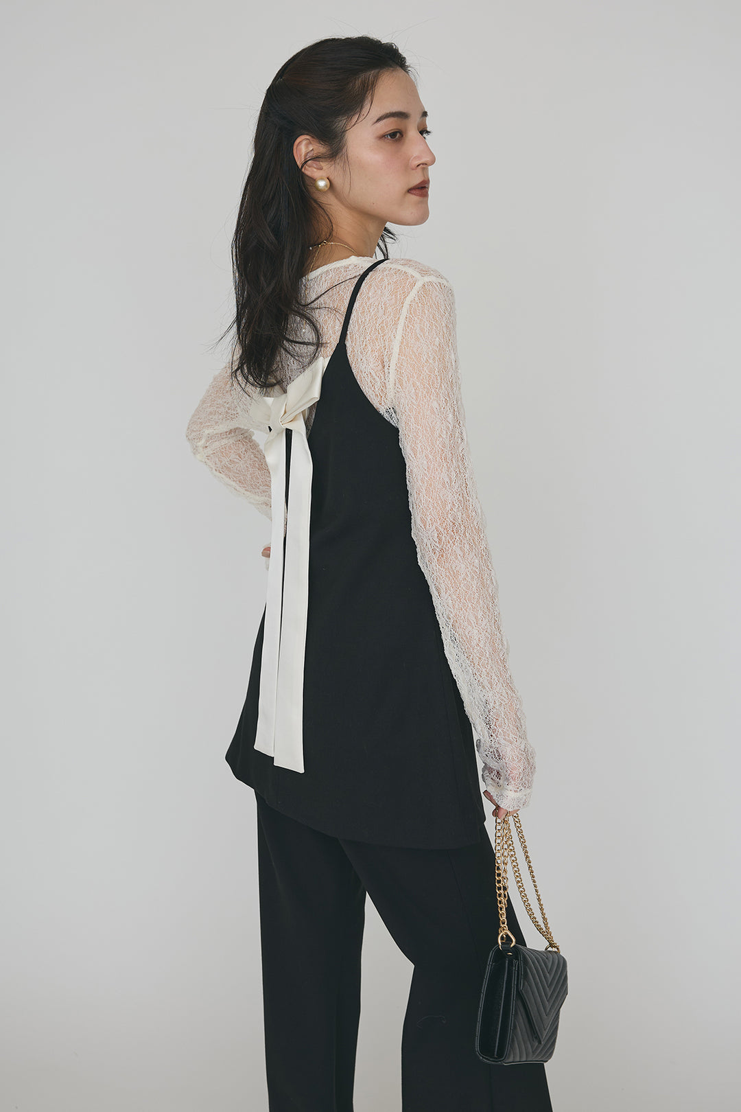 [予約/SET]ストレッチ繊細レーストップス+バックリボン美シルエットキャミチュニック+美脚セミフレアパンツ(3set)