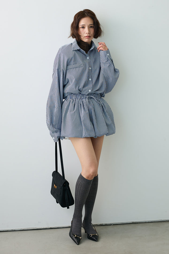 [予約/SET]ハイネックシアーフリルヘムトップス+ギンガムチェックバルーンミニボトムセットアップ(2set)