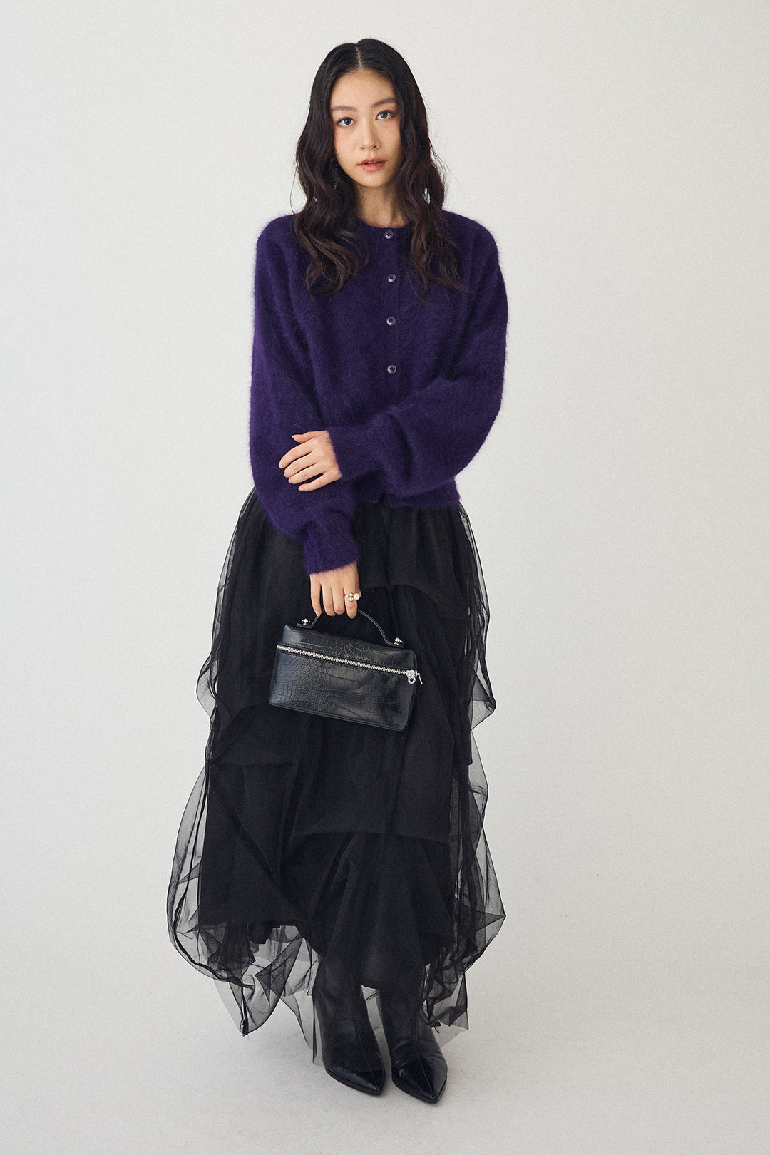 [予約/SET]ウールソフトカーディガン+マルチパターンタックチュールスカート(2set)