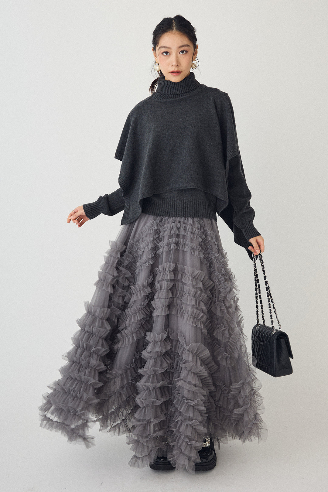 [予約/SET]アシメケープ2wayニット+スフレアシメチュールスカート(2set)