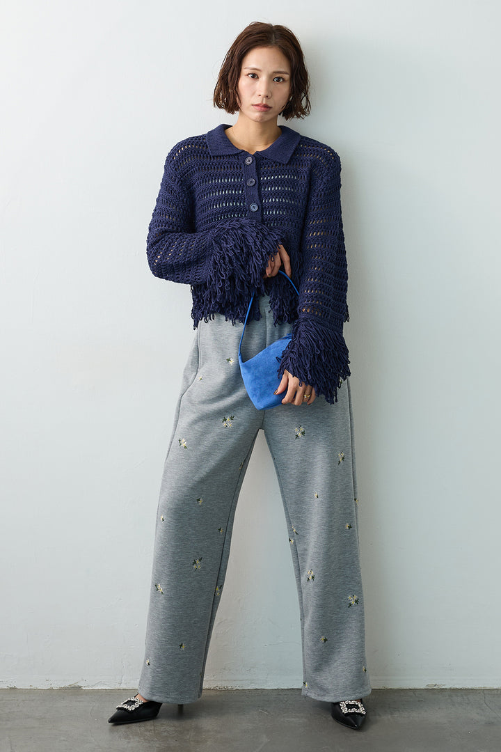 [予約/SET]メッシュフリンジクロップドニット+フラワー刺繍ストレートポンチパンツ(2set)