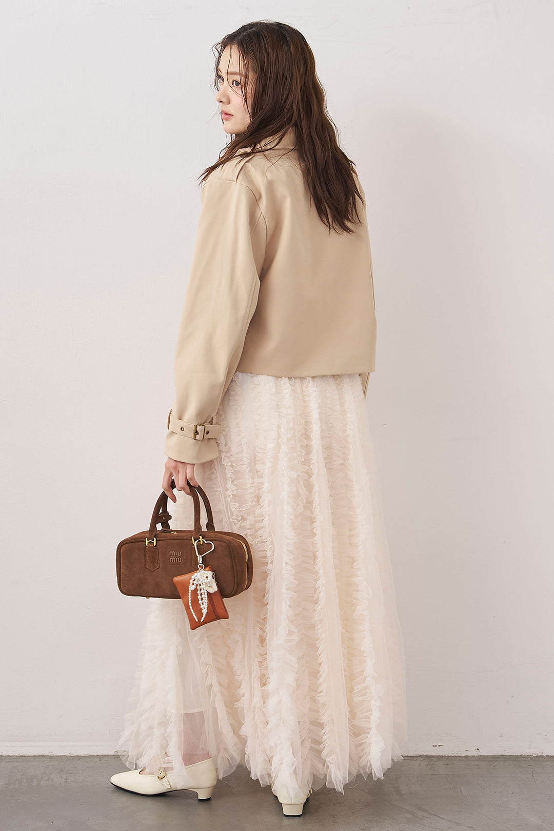 [予約/SET]BIGリボン綿ブラウス+クラシカルショートトレンチ+Iラインホイップチュールスカート(3set)