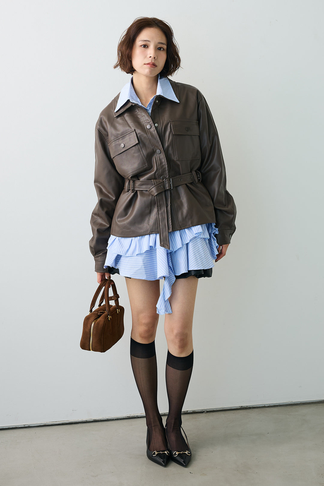 [予約/SET]ストライプフリルヘムシャツチュニック+レザーライクウエストシェイプジャケット(2set)