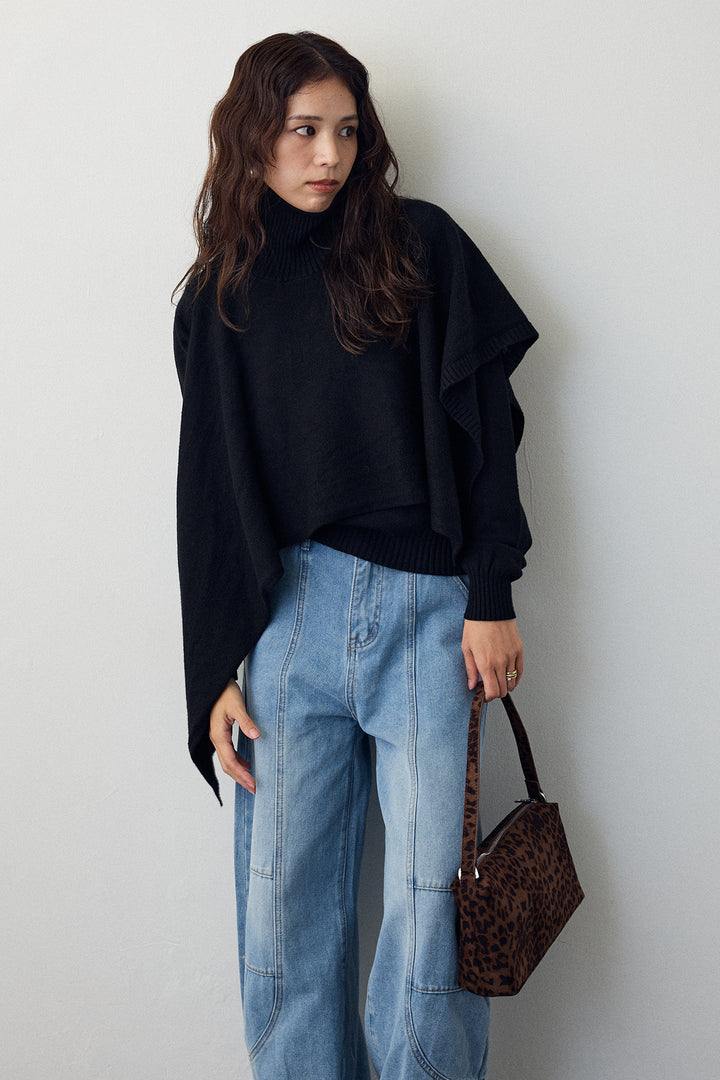 [予約/SET]アシメケープ2wayニット+ステッチ美ラインカーブデニムパンツ(2set)