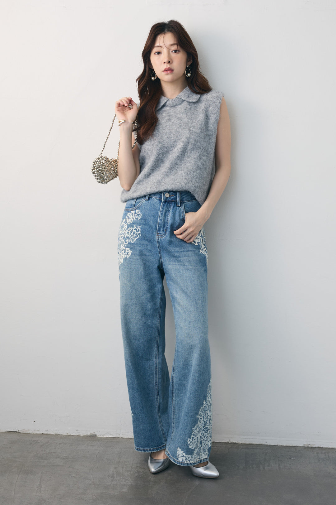 [予約/SET]モヘア起毛ポロベスト+レースプリントデザインデニムパンツ(2set)