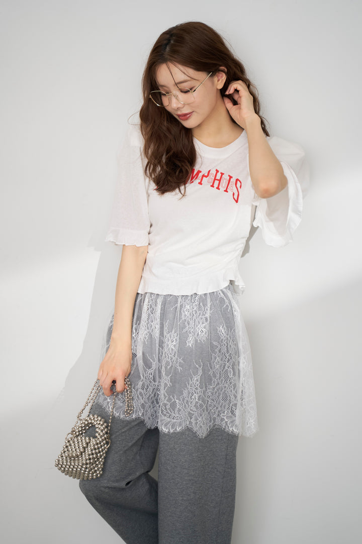 [予約/SET]ロゴパフスリーブデザインTシャツ+繊細レースレイヤードパンツ(2set)