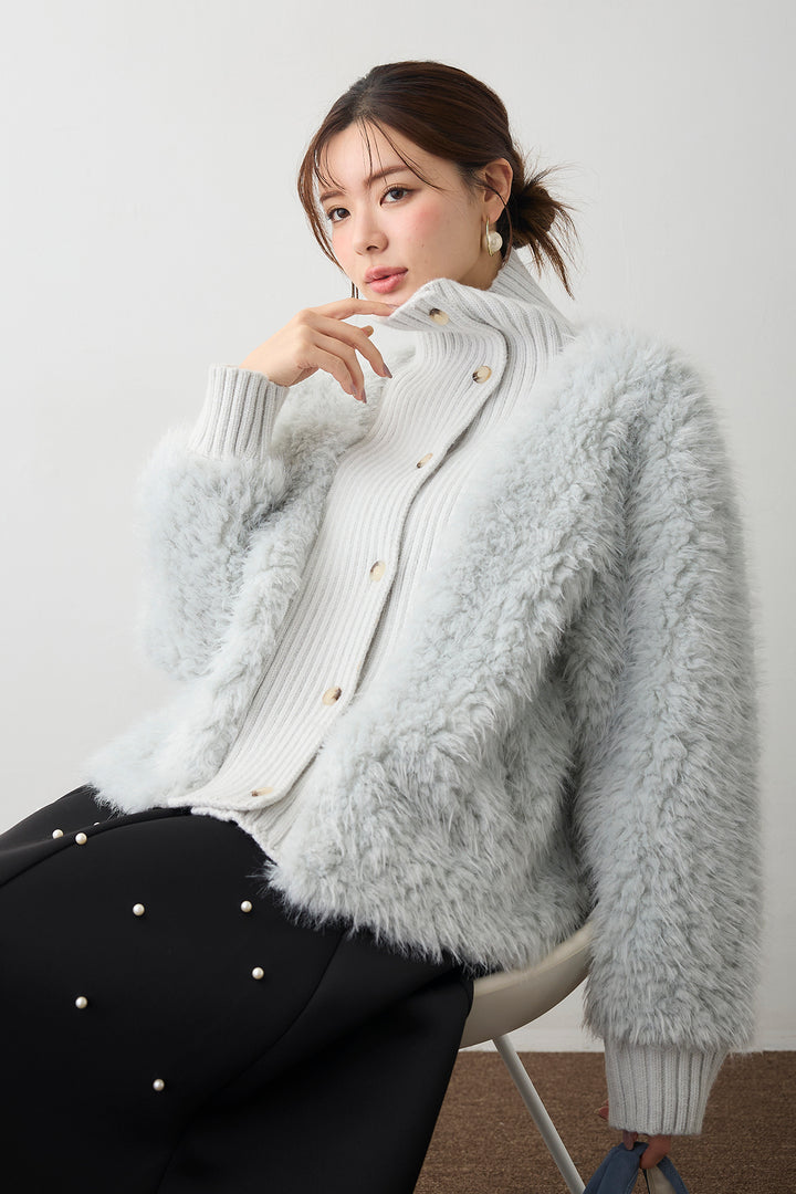 [予約/SET]シャギーファー×リブニットミックスジャケット+マルチパターンボンディングフレアスカート(2set)