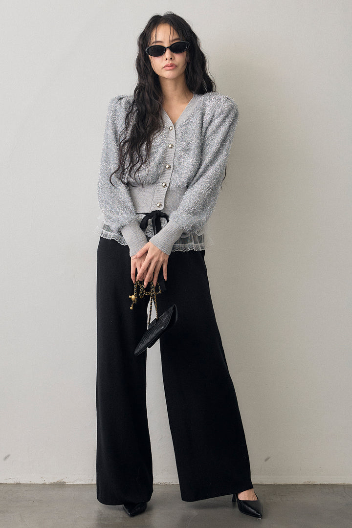 [予約/SET]コンシャスショルダーシャイニーニットカーデ+ウエストレースニットストレートパンツ(2set)