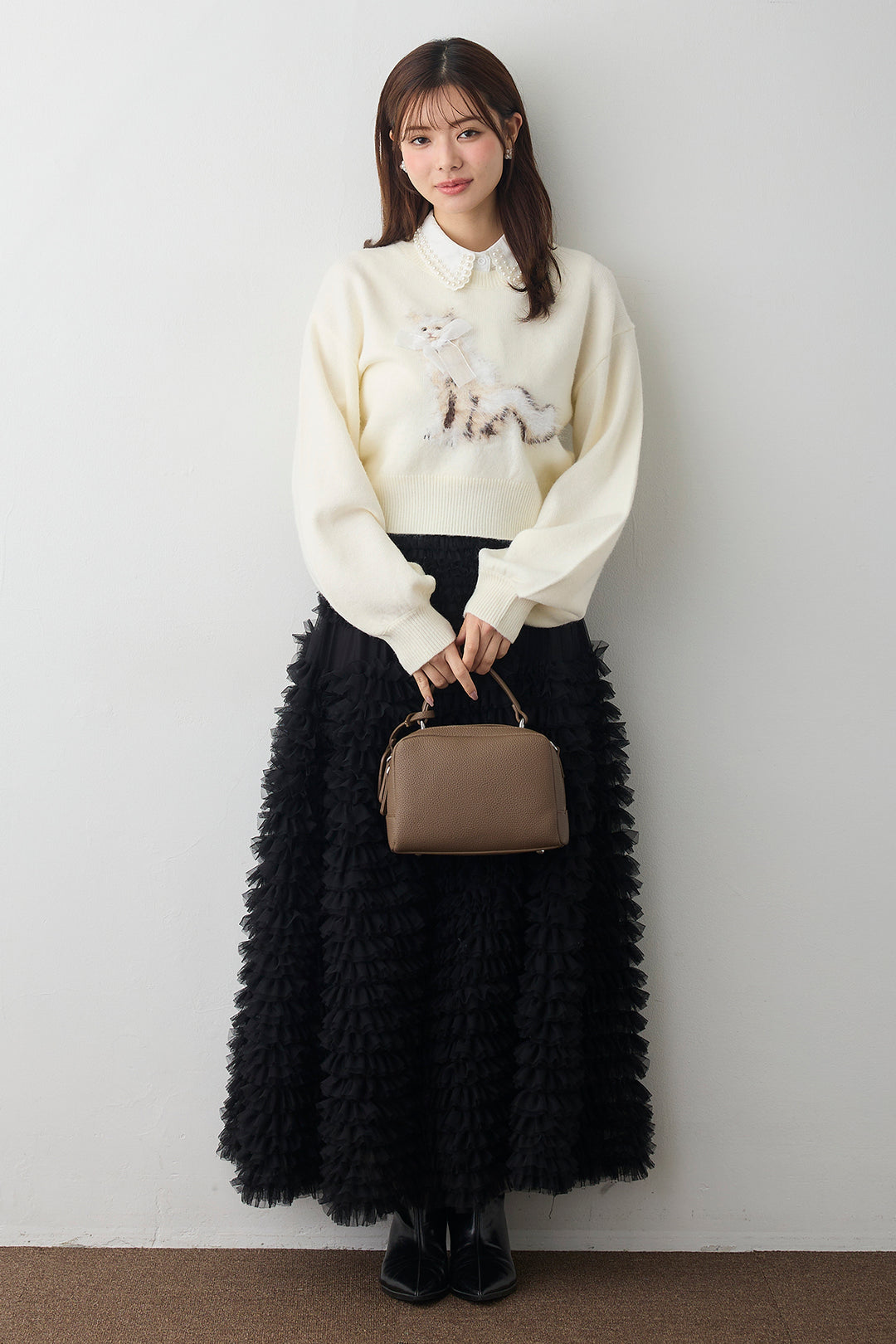 [予約/SET]2連パール付け襟+シャギーリボンキャットモチーフニットPO+ホイップチュールティアードスカート(3set)