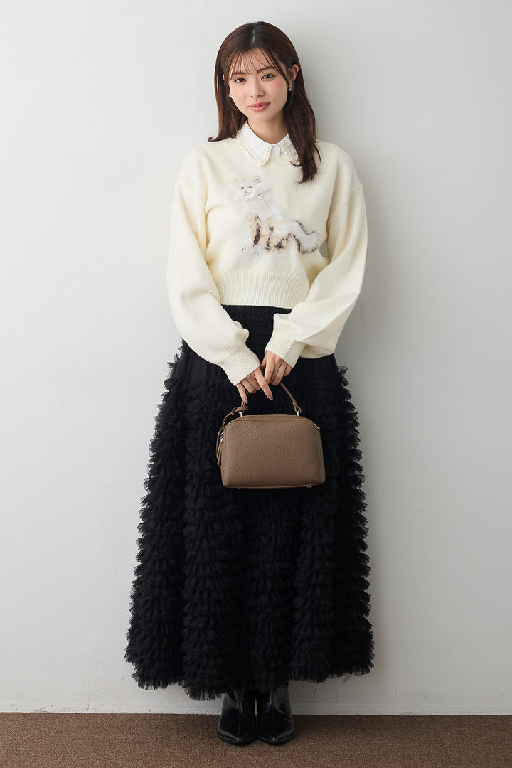 [予約/SET]2連パール付け襟+シャギーリボンキャットモチーフニットPO+ホイップチュールティアードスカート(3set)