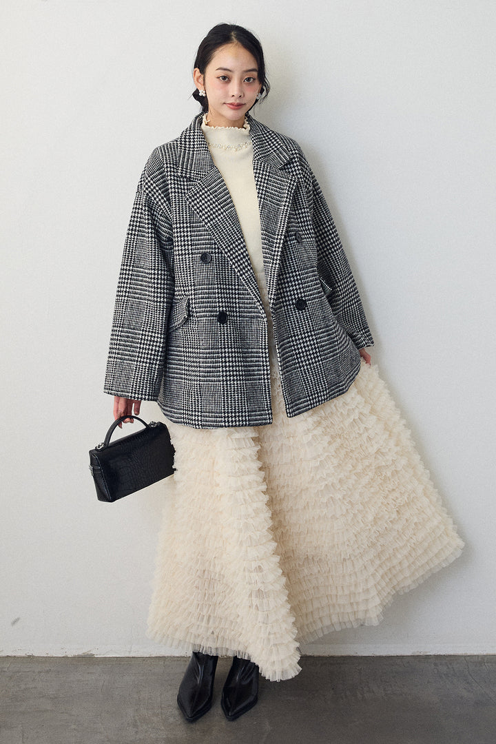 [予約/SET]ネックショルダーパールポイントニット+チェック柄ボクシーコート+ホイップチュールティアードスカート(3set)
