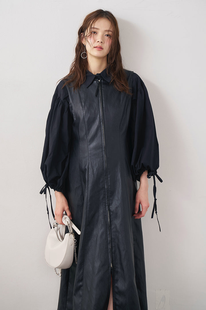 [予約/SET]ワイドスリーブドロストクロップドシャツ+フロントZIPレザーライクジャンスカ(2set)