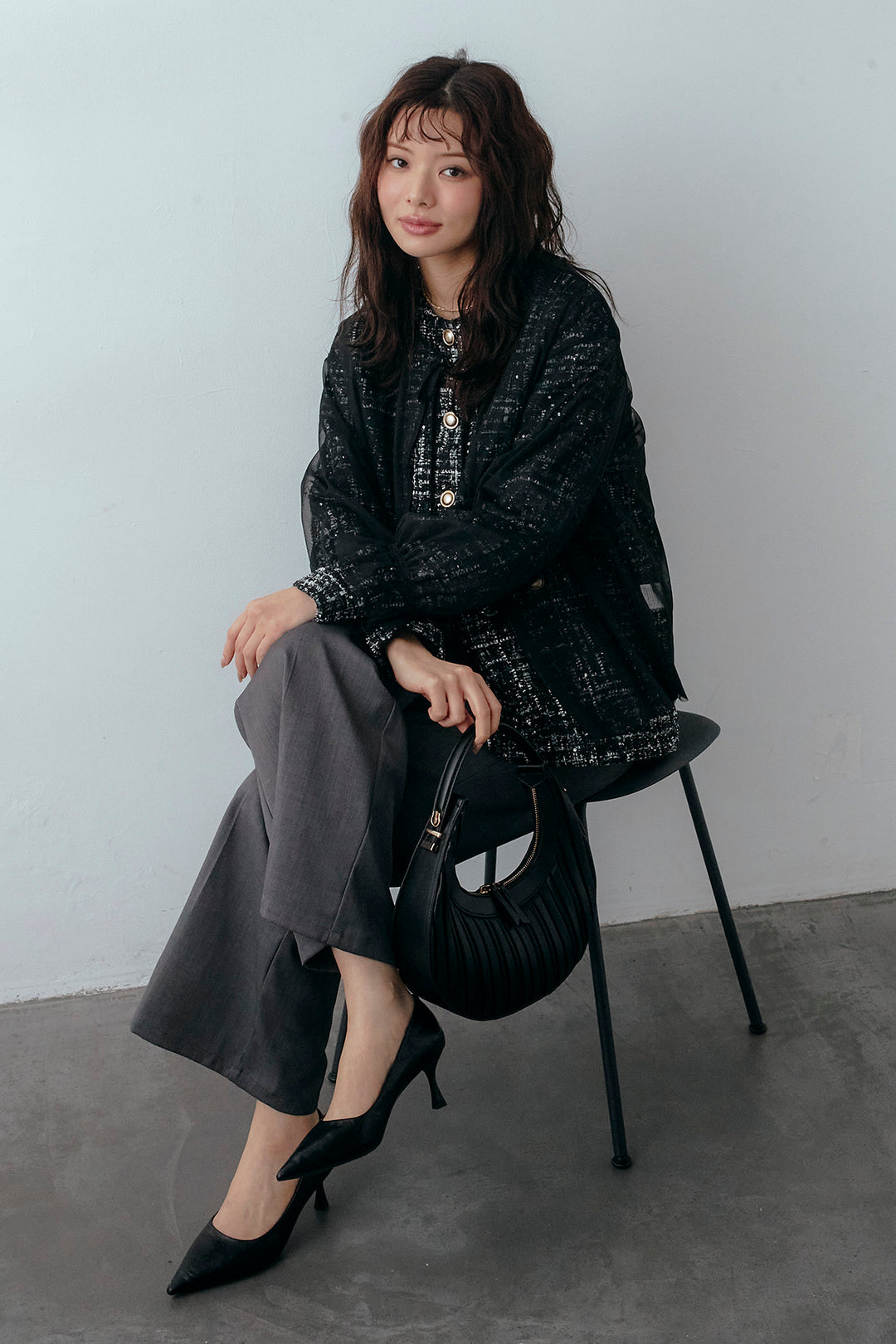 [予約/SET]2wayチュールレイヤードツイードジャケット+スプリングカラータックストレートパンツ(2set)