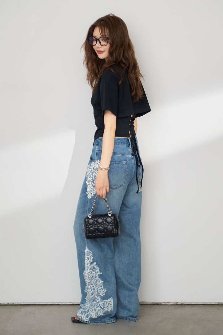 [予約/SET]バックレースアップTシャツ+レースプリントデザインデニムパンツ(2set)