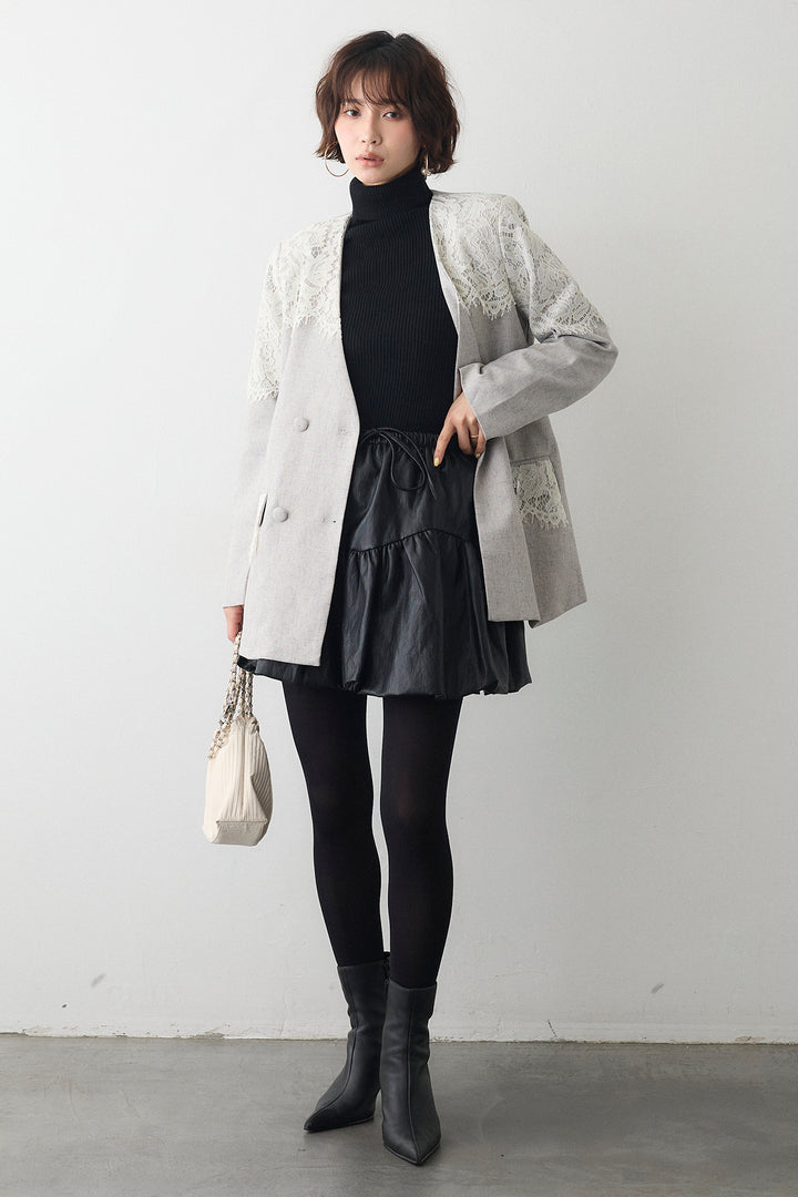 [予約/SET]ベーシックリブタートルニット+ショルダーレースデザインジャケット+フェイクレザーティアードバルーンミニスカート(3set)