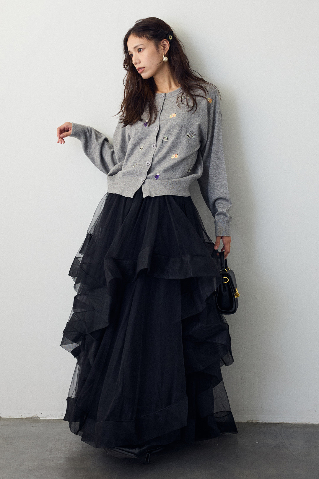 [予約/SET]フルーツフラワー刺繍ニットカーデ+ランダムフリルティアードボリュームスカート(2set)