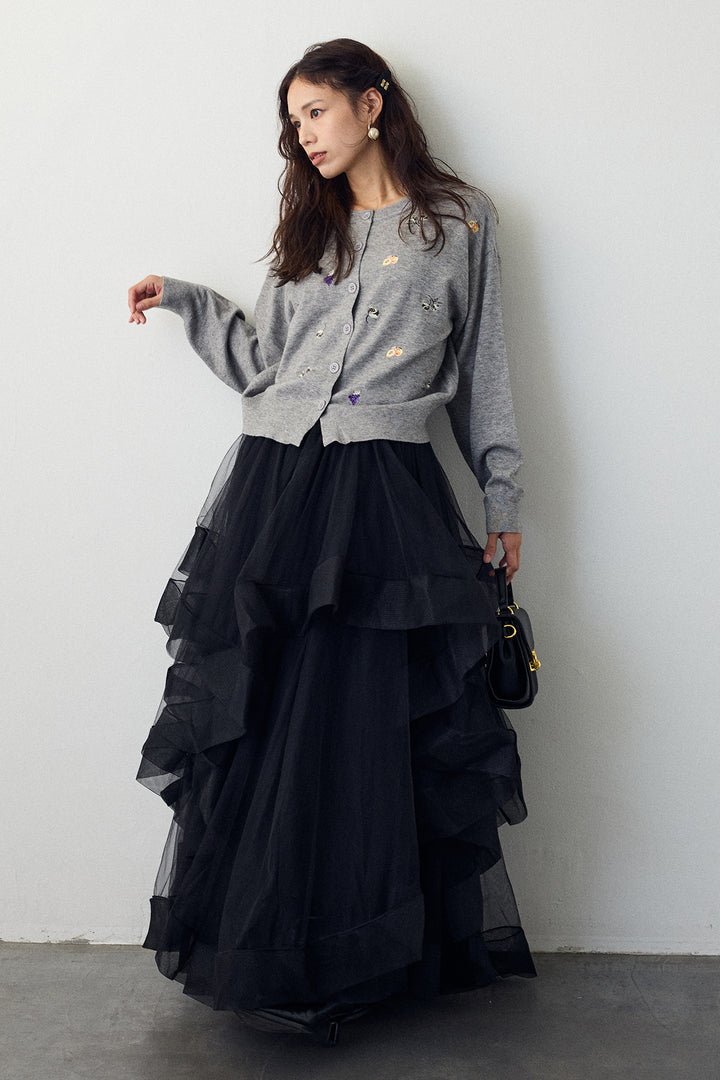 [予約/SET]フルーツフラワー刺繍ニットカーデ+ランダムフリルティアードボリュームスカート(2set)