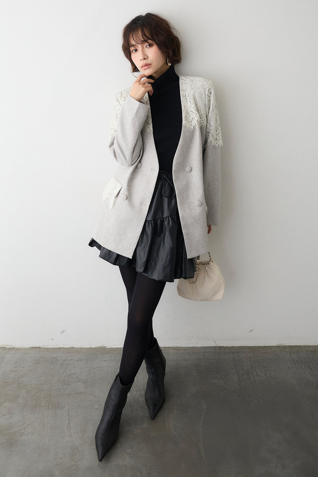 [予約/SET]ショルダーレースデザインジャケット+フェイクレザーティアードバルーンミニスカート(2set)