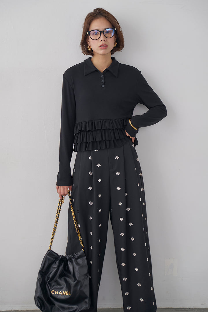 [予約/SET]フリルヘムポロカラープルオーバー+フラワー刺繍ツイルストレートパンツ(2set)