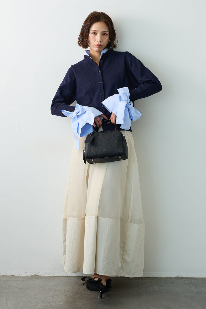 [予約/SET]BIGリボンカフスデザインニットドッキングカーデ+オーガンジー×タフタコクーンスカート(2set)