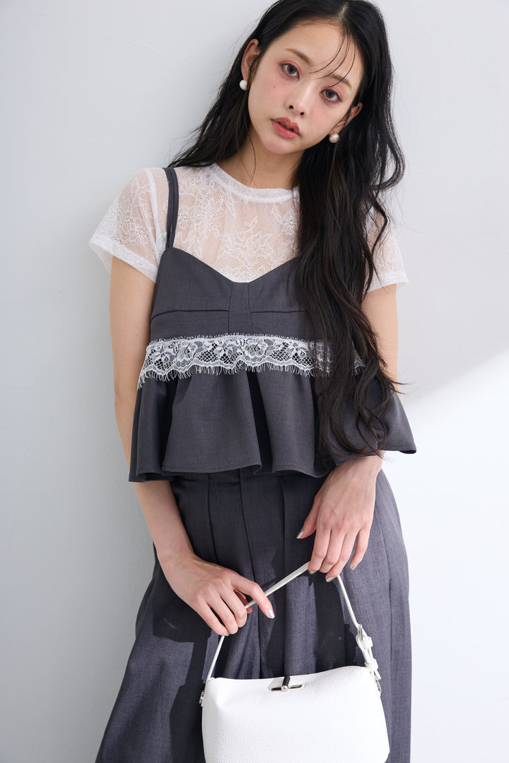 [予約/SET]ニュアンスレースTシャツ+ツイルレースつきキャミソール+ツイルタックパンツ(3set)