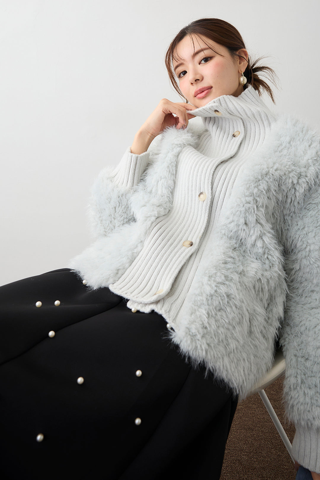 [予約/SET]シャギーファー×リブニットミックスジャケット+マルチパターンボンディングフレアスカート(2set)