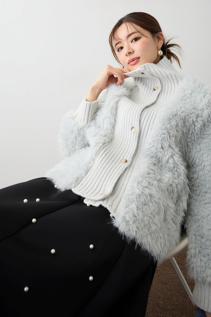 [予約/SET]シャギーファー×リブニットミックスジャケット+マルチパターンボンディングフレアスカート(2set)