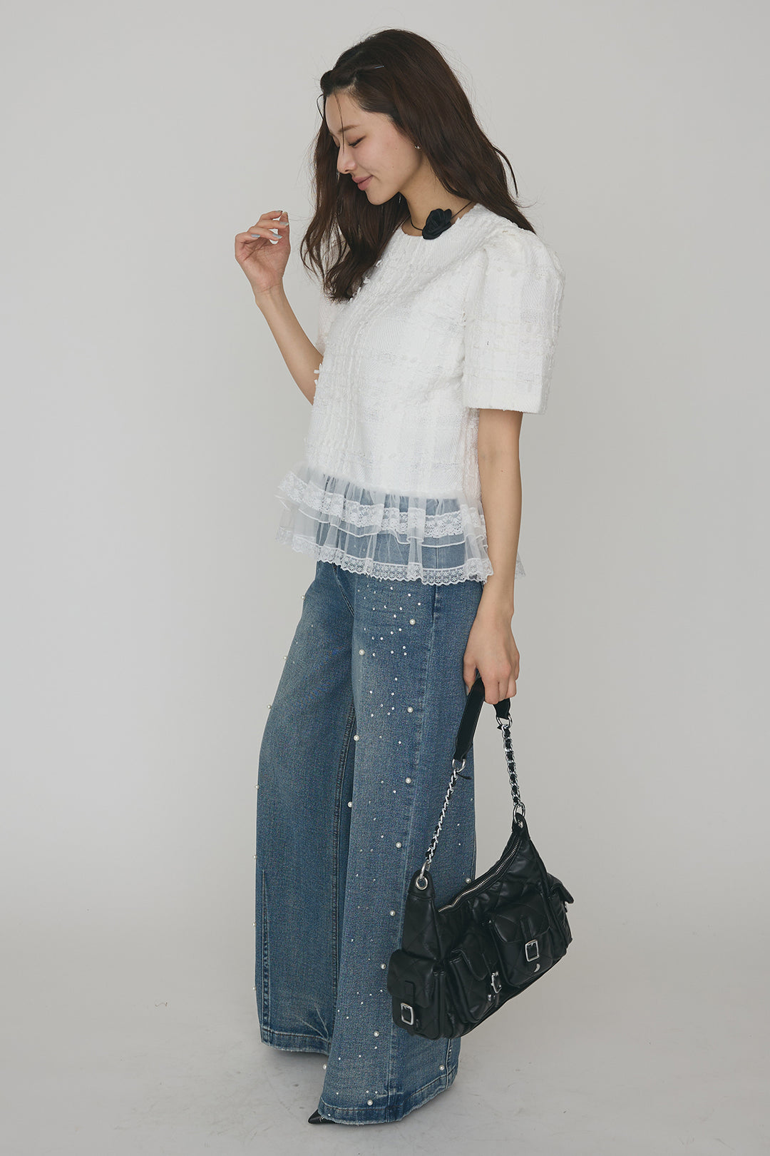 [予約/SET]サマーツイード異素材ドッキングトップス+パールラインストーンハイウエストデニム(2set)