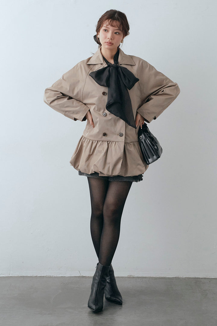 [予約/SET]フロントBIGリボンティアードエアリーチュニック+バルーンヘムミディ丈トレンチコート+メランジニットショートパンツ(3set)