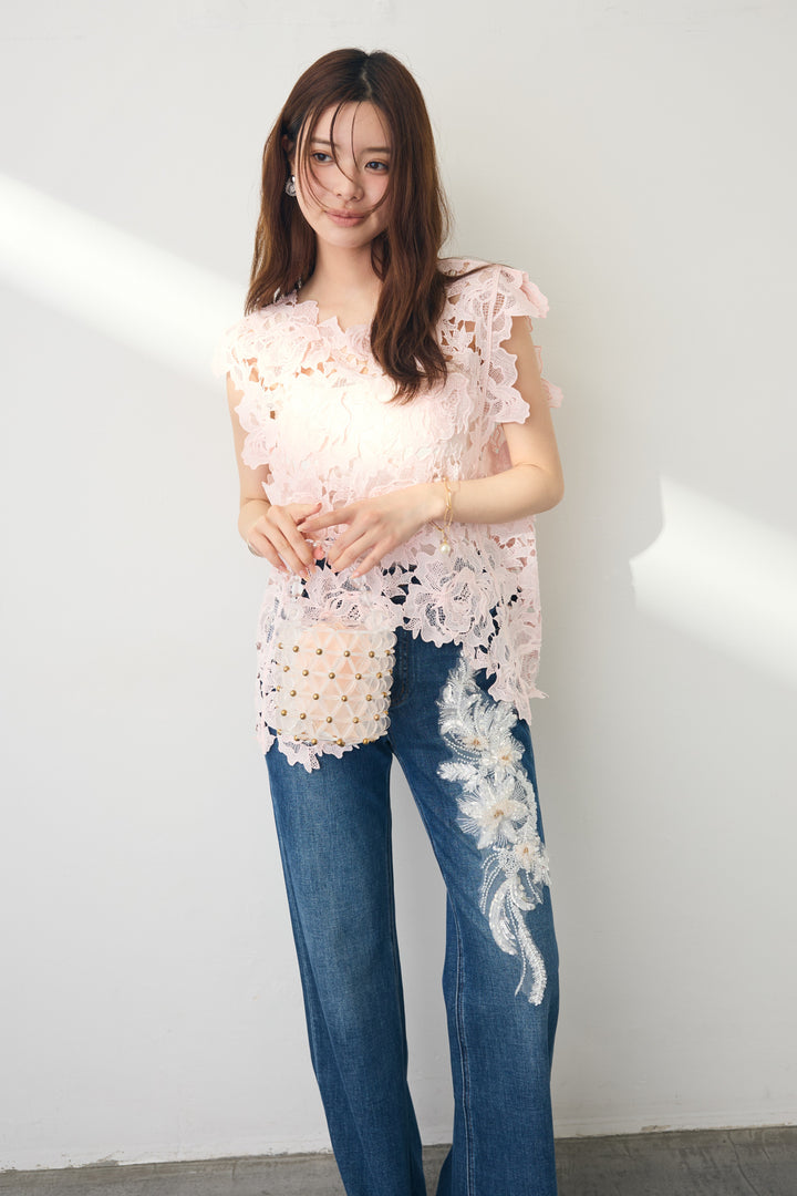 [予約/SET]クロシェレースミルキーカラートップス+刺繍ビーズモチーフデニムパンツ(2set)
