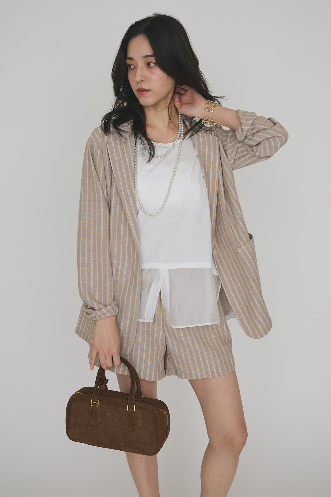 [予約/SET]ドライタッチオーガンジー切替タンクトップ+ストライプライトジャケットセットアップ(2set)