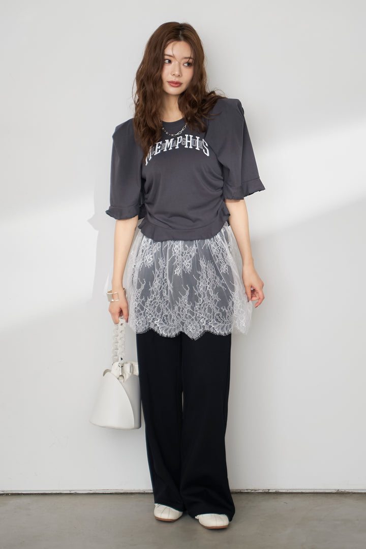 [予約/SET]ロゴパフスリーブデザインTシャツ+繊細レースレイヤードパンツ(2set)