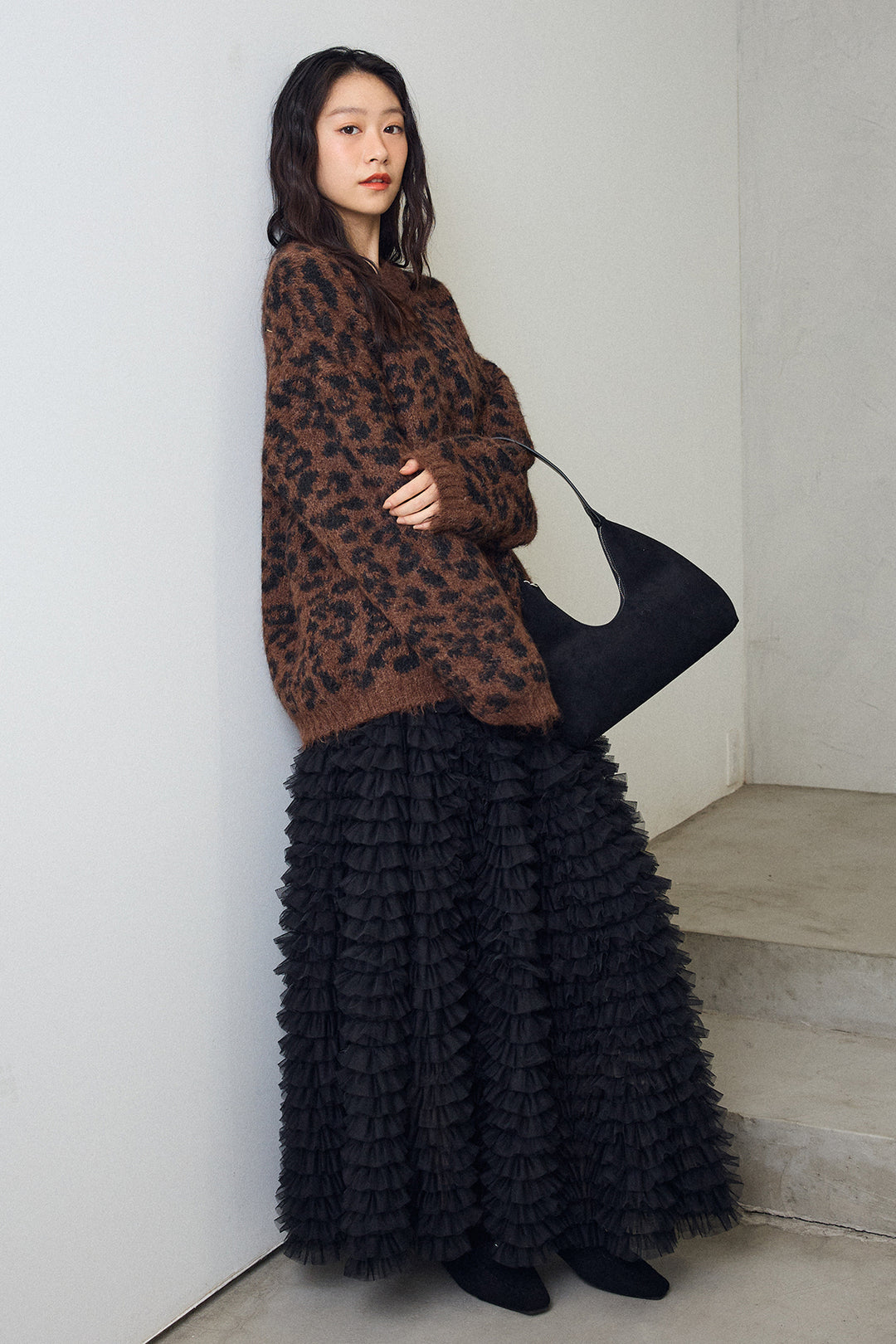 [予約/SET]レオパードクルーネックニットプルオーバー+ホイップチュールティアードスカート(2set)