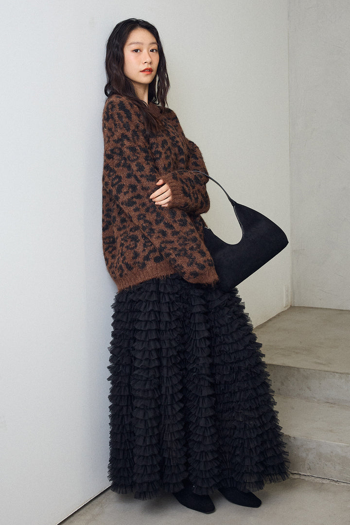 [予約/SET]レオパードクルーネックニットプルオーバー+ホイップチュールティアードスカート(2set)