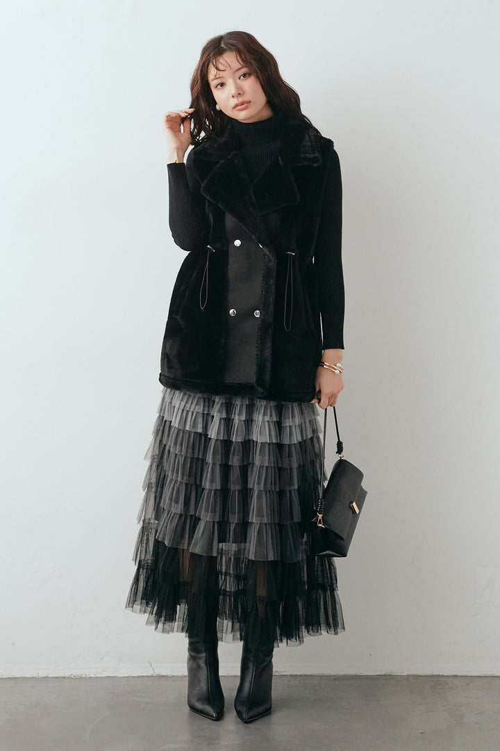 [予約/SET]ベーシックリブタートルニット+テディボアウエストドロストベスト+グラデーションチュールティアードスカート(3set)