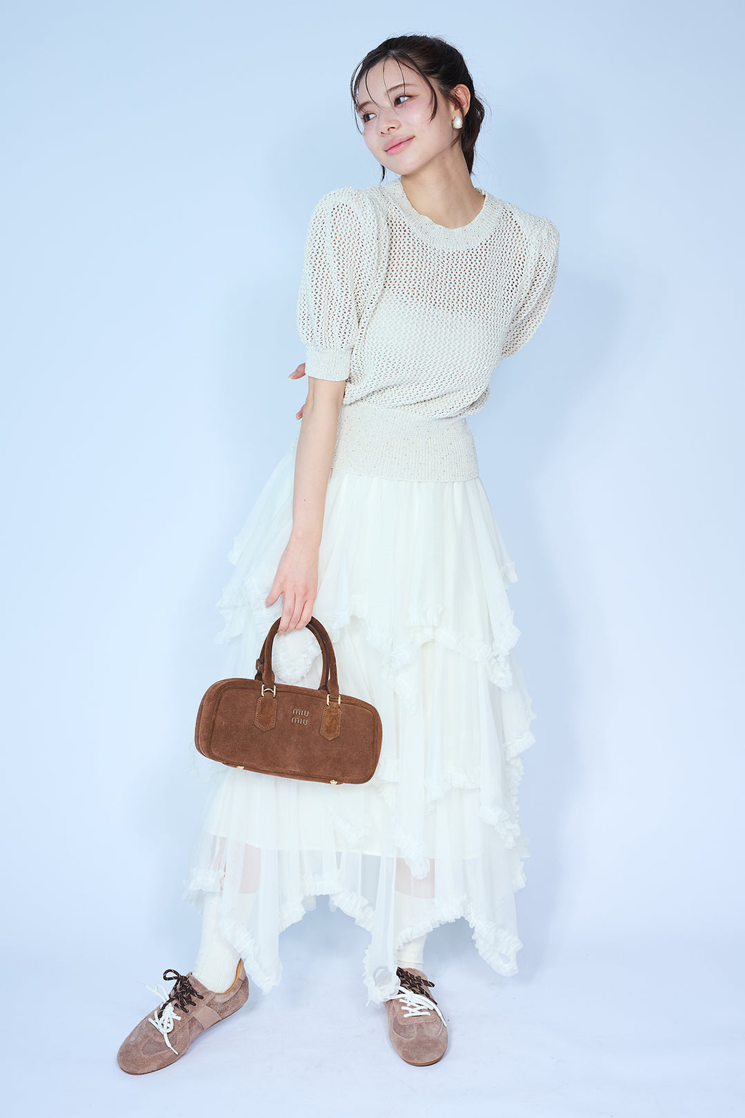 [予約/SET]ラメ混パフスリーブハーフスリーブニット+ムードチュールフリルスカート(2set)