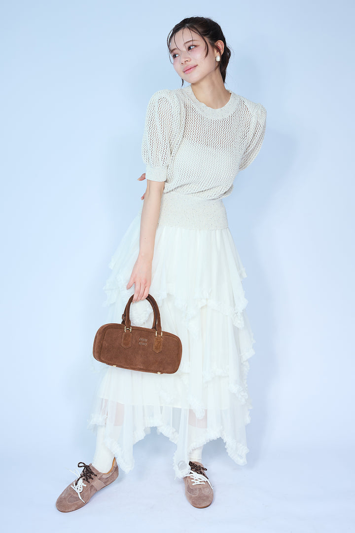 [予約/SET]ラメ混パフスリーブハーフスリーブニット+ムードチュールフリルスカート(2set)