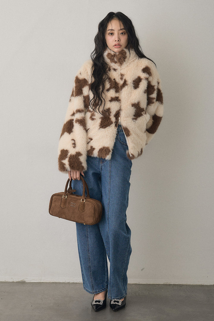 [予約/SET]COW柄スタンドファーライクコート+ウエストアシメデニムパンツ(2set)