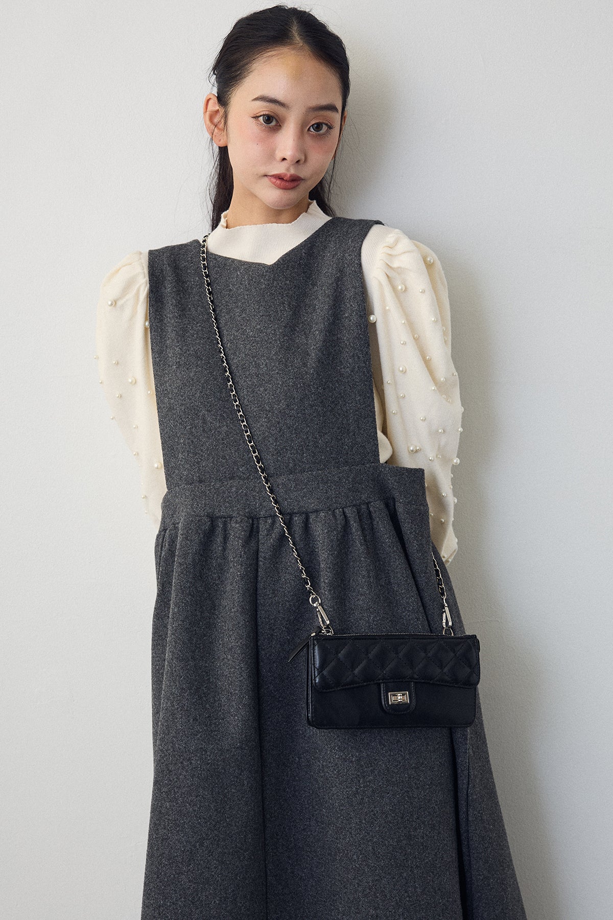 予約/SET]パフスリーブランダムパールニット+前後2wayバックリボン