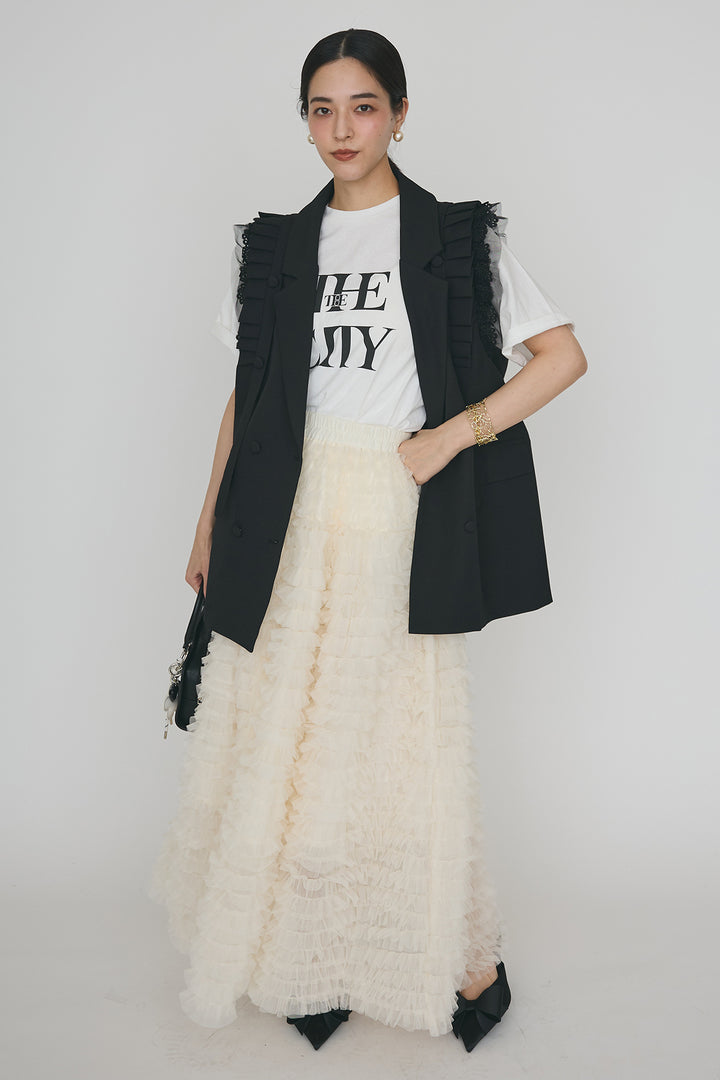 [予約/SET]ThecityロゴTシャツ+フリルショルダーテーラーマニッシュベスト+ホイップチュールティアードスカート(3set)