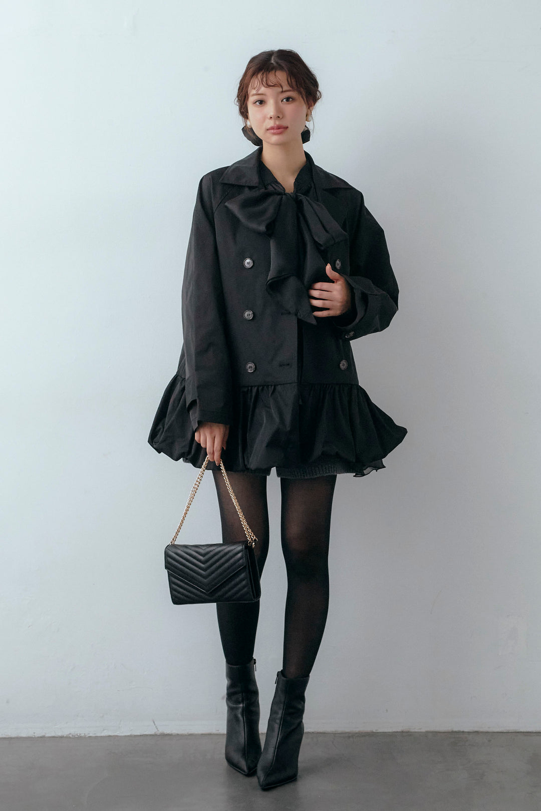 [予約/SET]フロントBIGリボンティアードエアリーチュニック+バルーンヘムミディ丈トレンチコート(2set)
