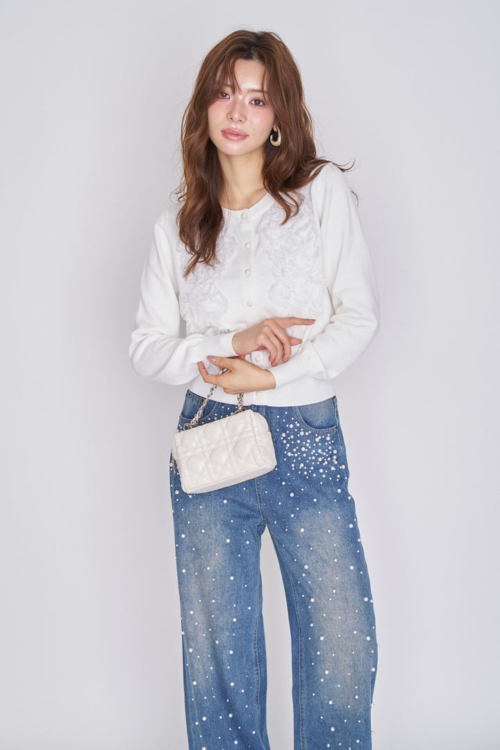 [予約/SET]チュールモチーフニットカーデ+パールアクセント美ラインデニム(2set)