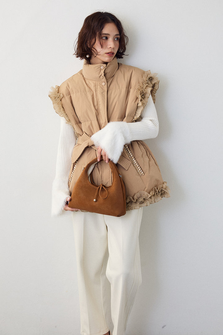 [予約/SET]フェザー切替スリーブフレアニット+フリルチュールスリーブ美ラインベスト+ウォームセンタープレス美ラインテーパードパンツ(3set)