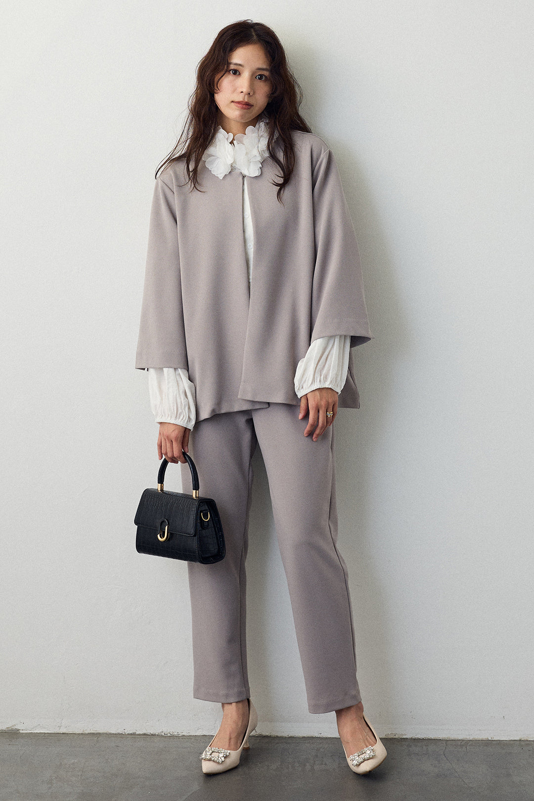 [予約/SET]フラワーフリルネックブラウス+ノーカラージョーゼットセットアップ(2set)