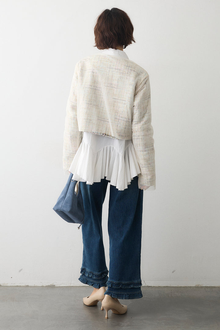 [予約/SET]パネルフレアヘムシャツ+ツイード×チュールレイヤードクロップドジャケット(2set)