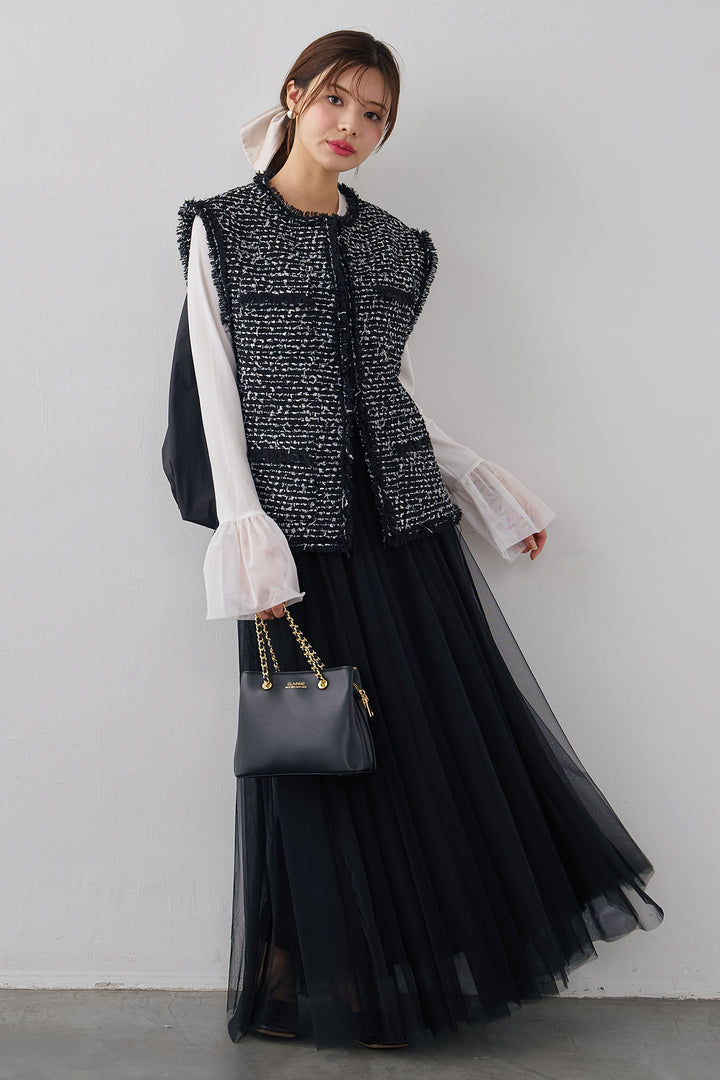 [予約/SET]チュールシアーカフスリブニット+異素材切り替えツイードベスト+エアリーチュールフレアスカート(3set)