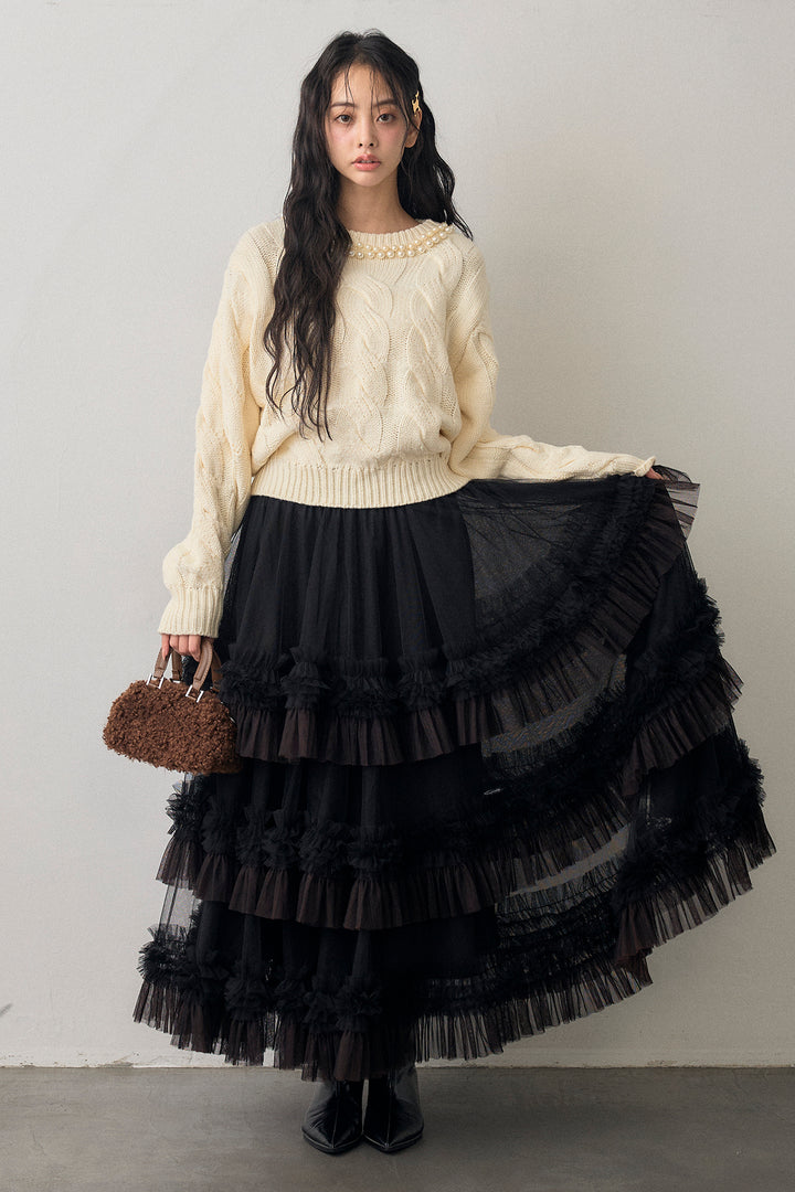 [予約/SET]ネックパールケーブル編みニット+配色フリルティアードロマンティックスカート(2set)