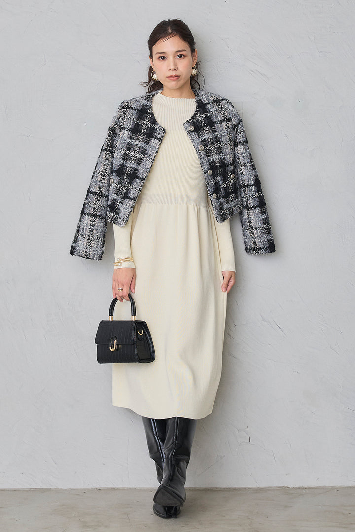 [予約/SET]ツイードチェッククロップドジャケット+リブセミフレアニットワンピース(2set)