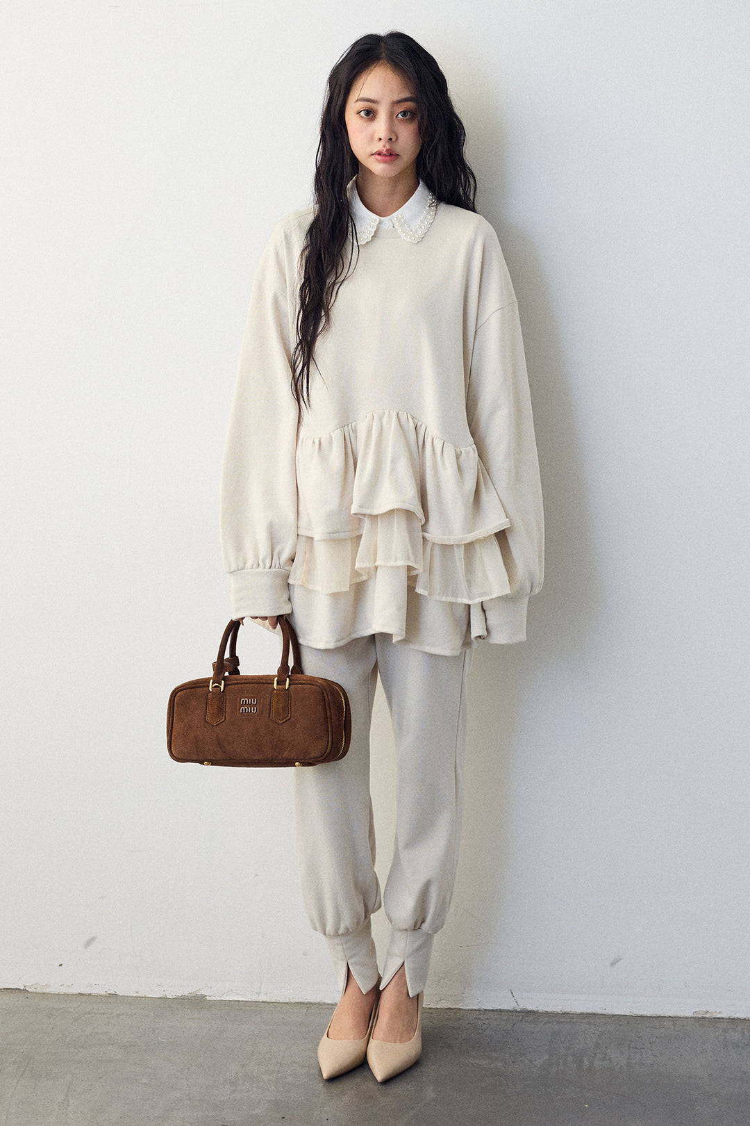 [予約/SET]2連パール付け襟+異素材ミックスフリルティアードスウェットPO+ライトスウェット美ラインジョガーパンツ(3set)